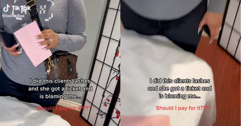 Eyelash customer blames employee for parking ticket.