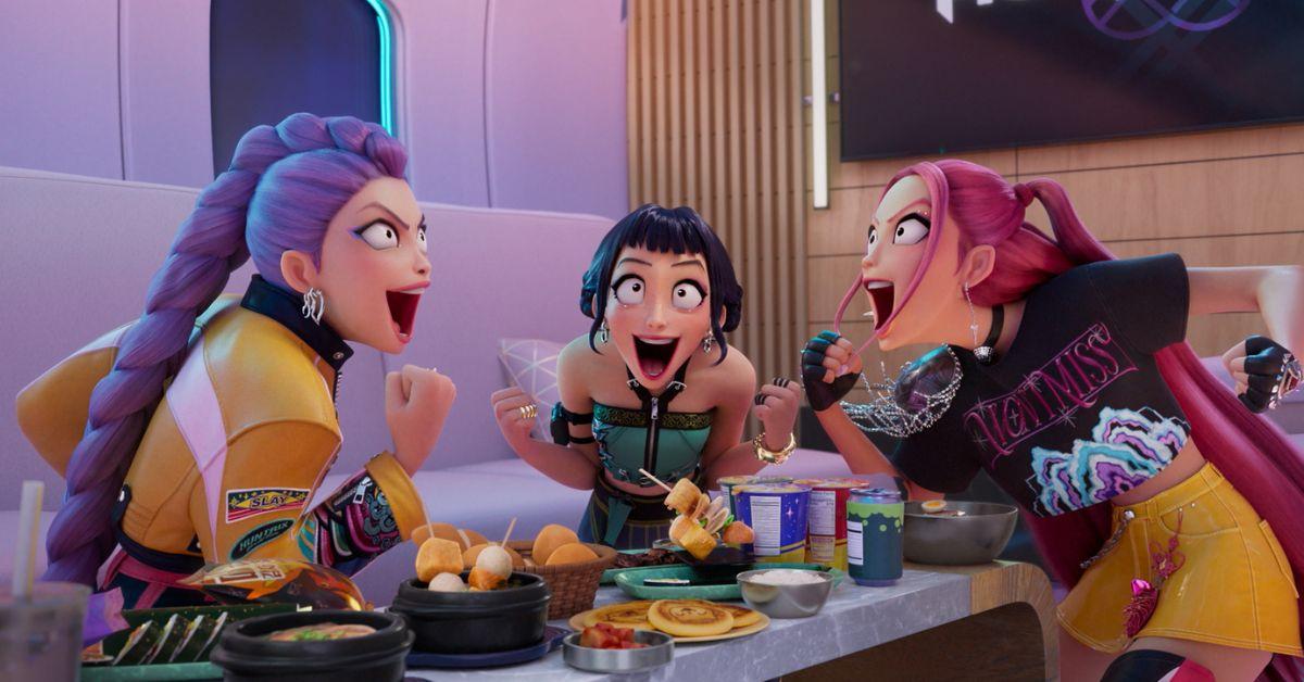 'K-Pop Demon Hunters' Girl Band Celebrating in a Show Still Image