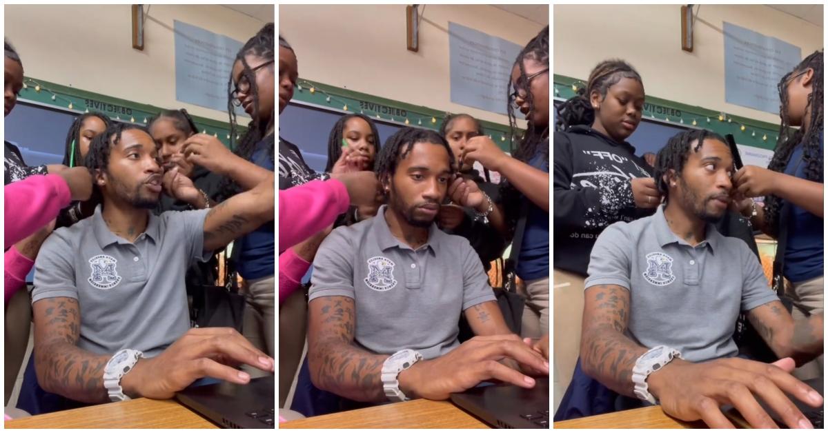 (l-r): A teacher sitting as girls unbraid his hair.