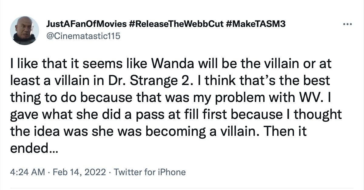 A tweet about Wanda Maximoff in 'Doctor Strange 2' 