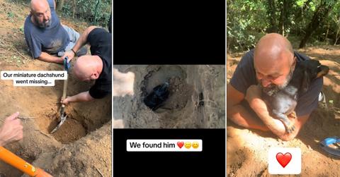 A family finds their pet dachshund under ground