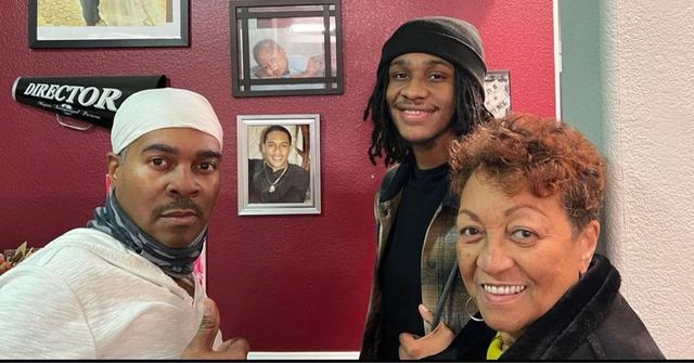 (l-r): Deon Derrico, his nephew, Amani, and Marian "GG" Derrico smiling together