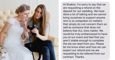 Bride Demands Refund from Wedding Photographer Who Supports Black Lives Matter
