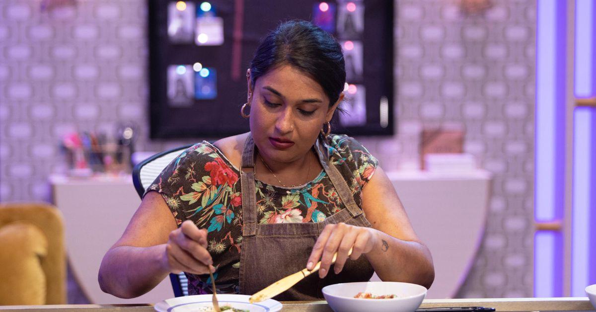 Poonam Ribadia tasting a meal made on Season 1 of 'Secret Chef'