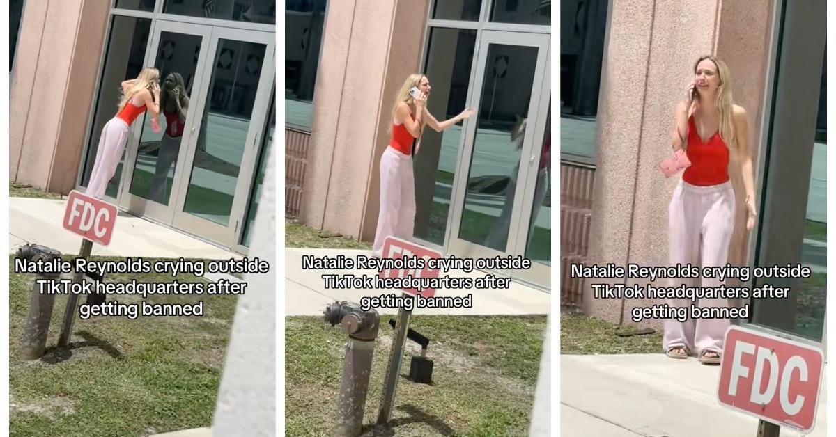 Natalie Reynolds crying in front of a building