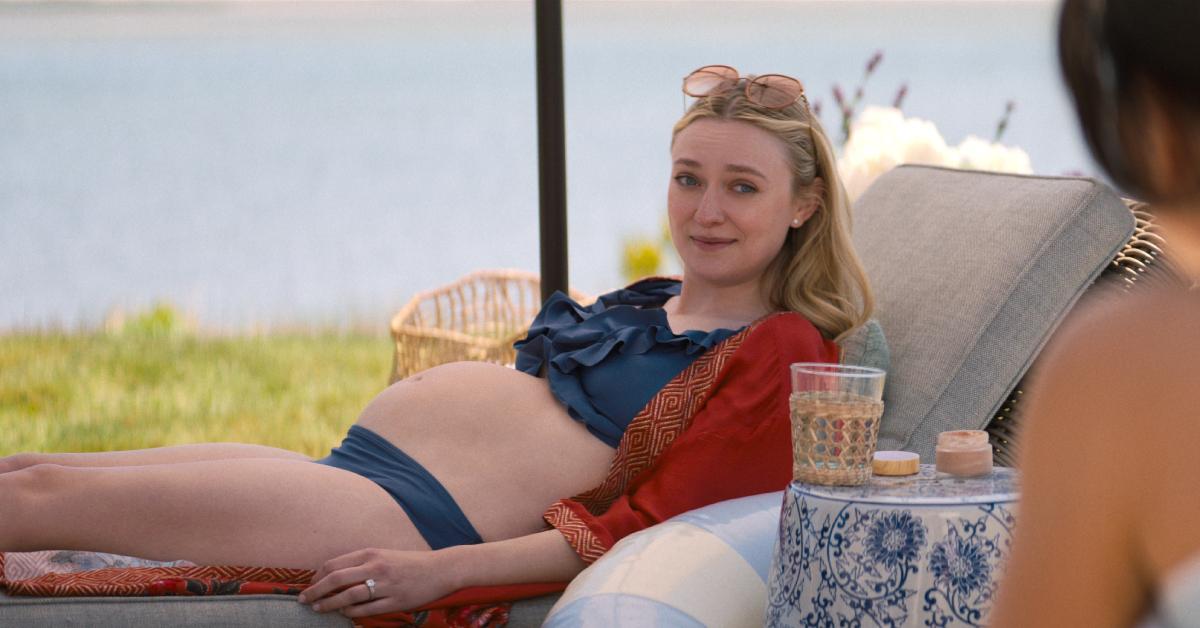 Dakota Fanning wearing a prosthetic baby bump in 'The Perfect Couple'