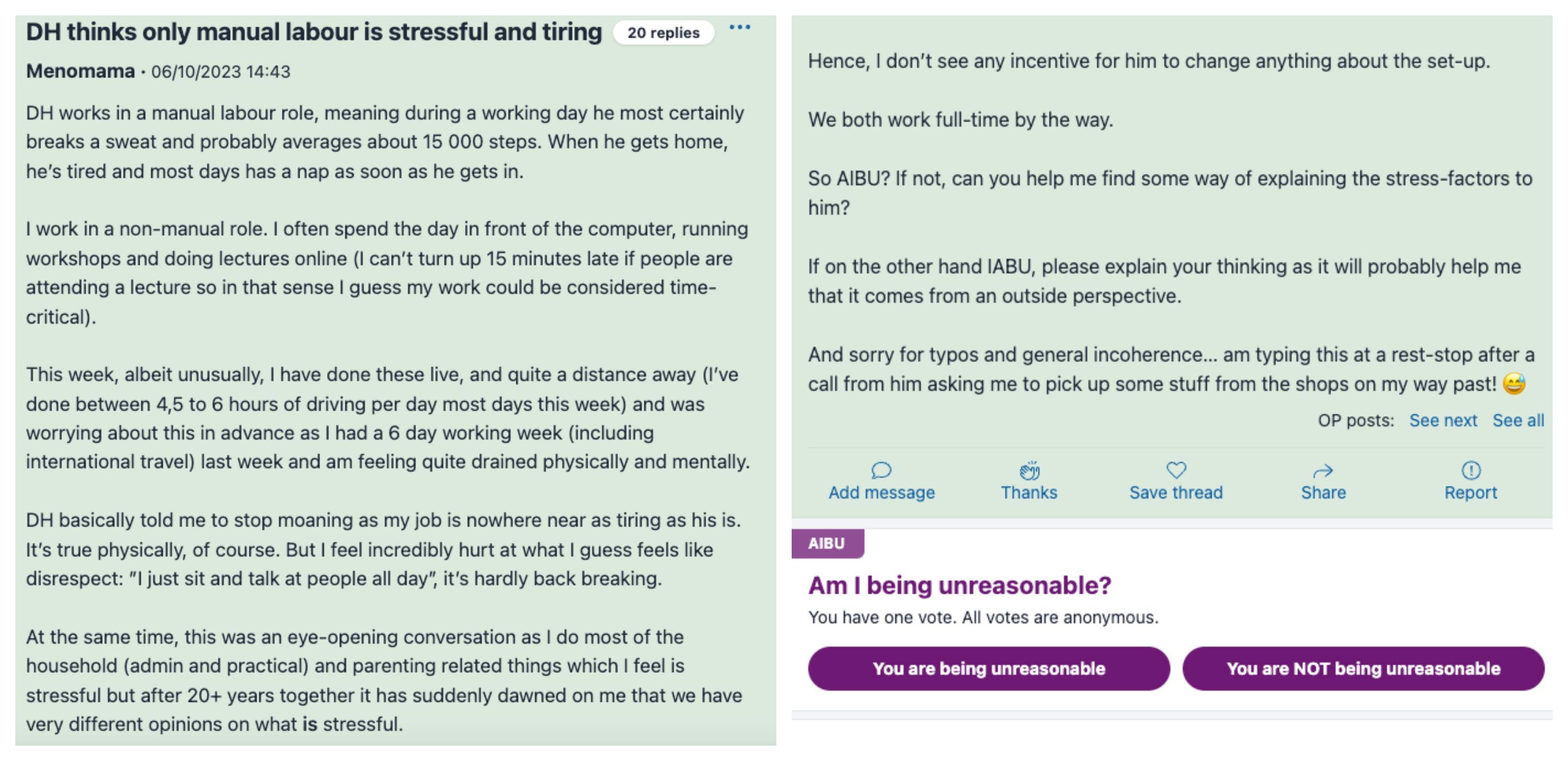 mumsnet am i being unreasonable post about working wife and mom saying her husband only counts physical labor job as stressful