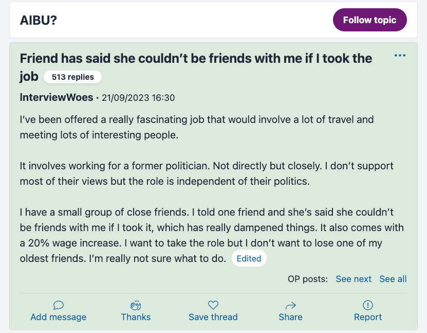 mumsnet aibu forum - woman says friend won't accept her job