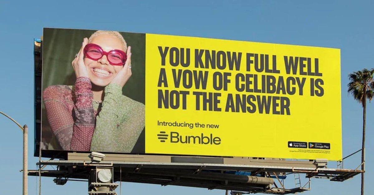 billboard featuring celibacy verbiage and woman wearing sunglasses