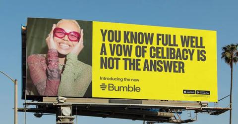 billboard featuring celibacy verbiage and woman wearing sunglasses