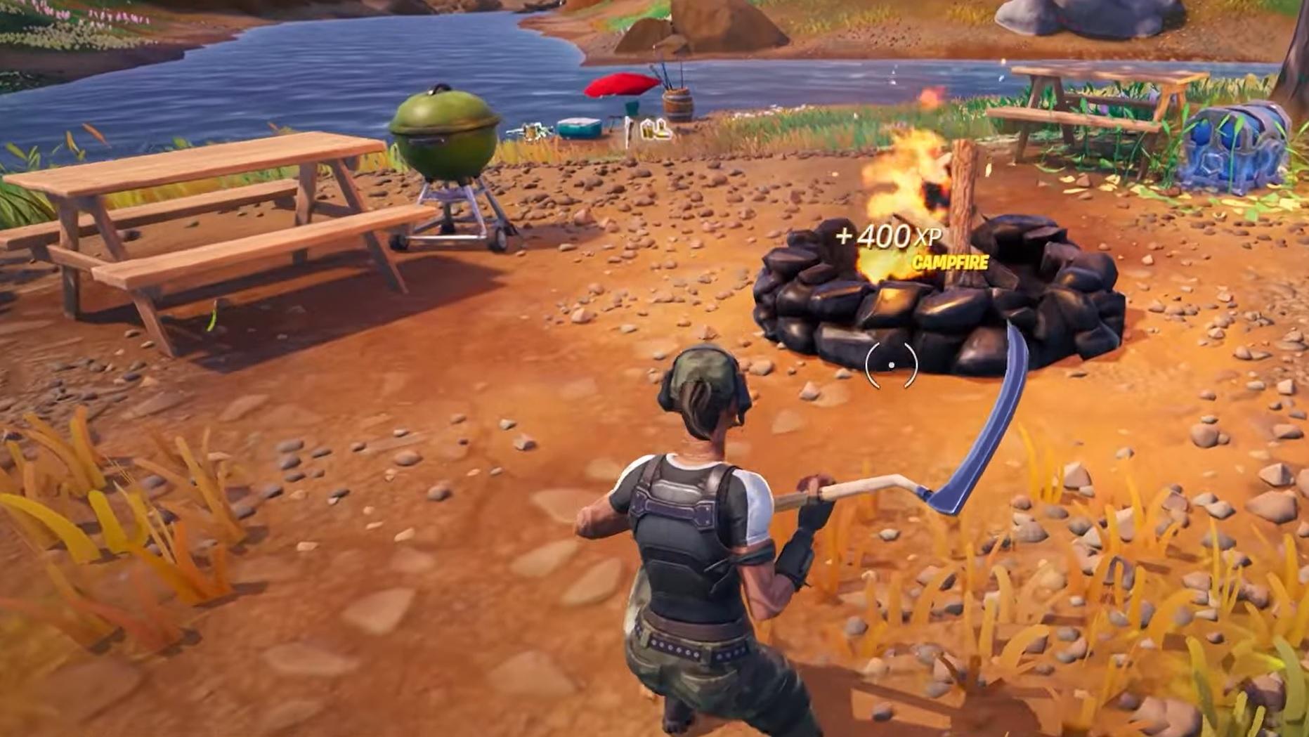 A player standing next to a campfire in Fortnite.