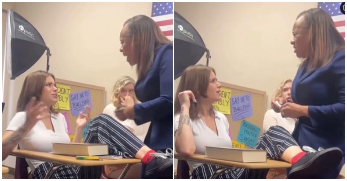 A teacher argues with student who threw shoe at her during class.