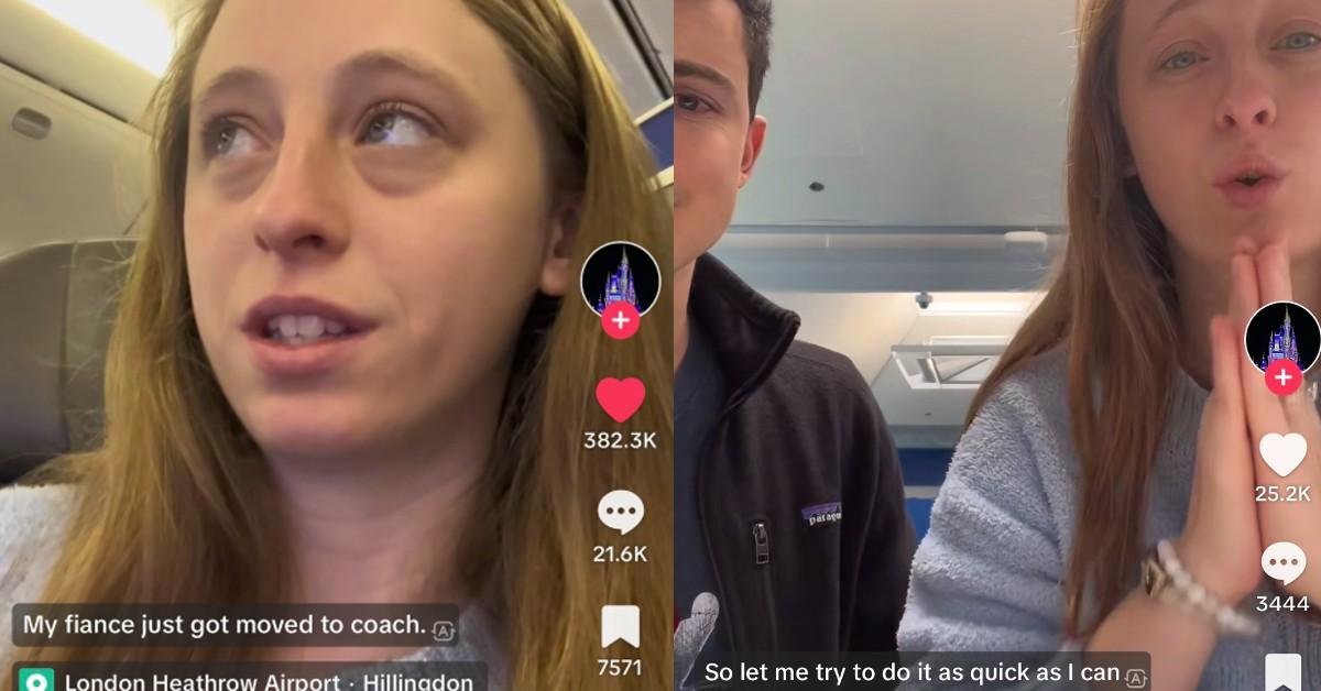 The woman explains the airplane conundrum of fiance being bumped to coach from first class