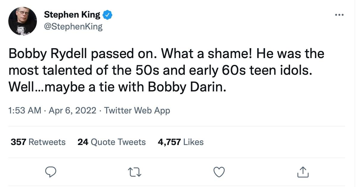 A tweet about Bobby Rydell's passing