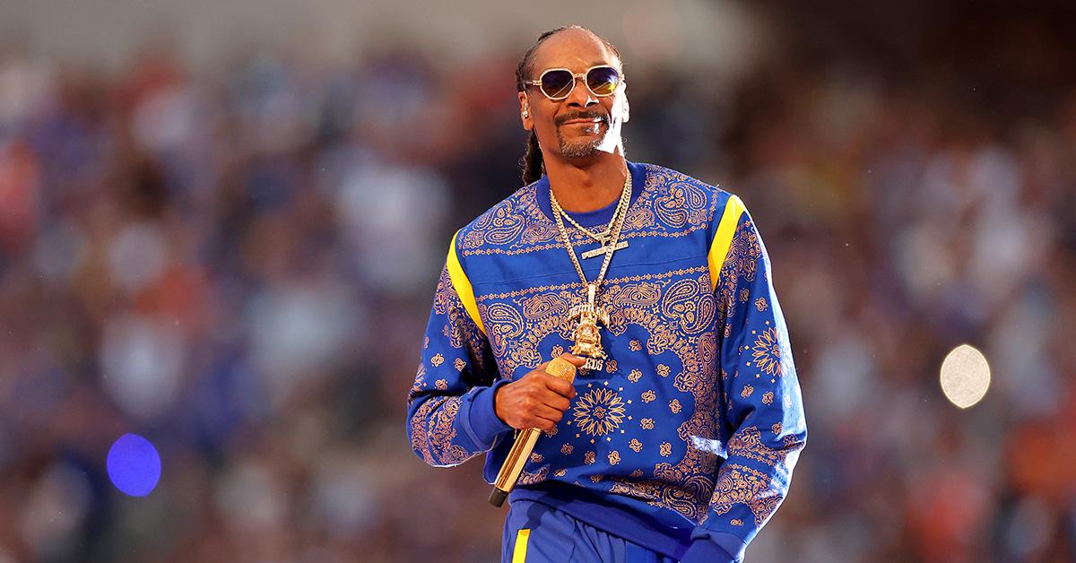 Snoop Dogg performing at the Super Bowl halftime show. 