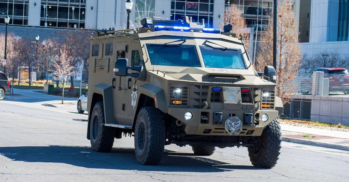 An armored vehicle carrying Tyler Robinson to a court appearance. 