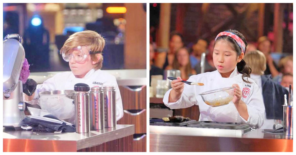 Grayson and Liya prepare their final dishes in the MasterChef kitchen.