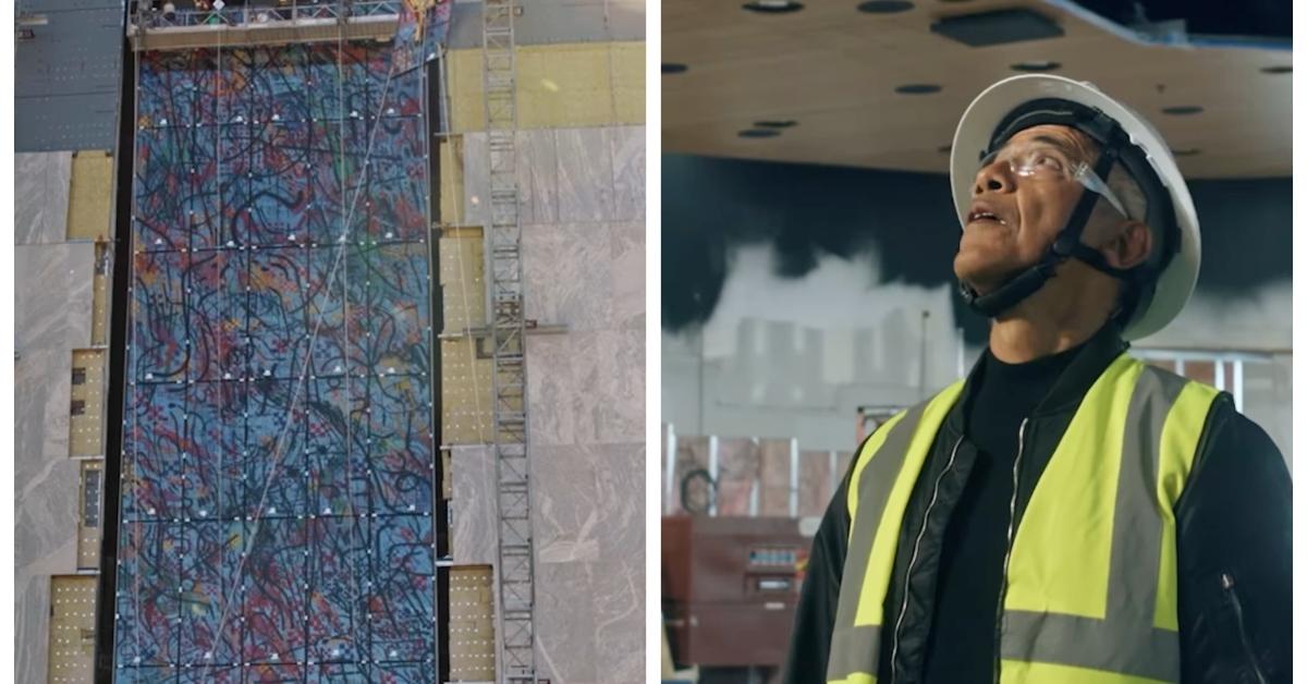 (L-R): Construction of the Obama Presidential Center; Former president Barack Obama touring the construction site