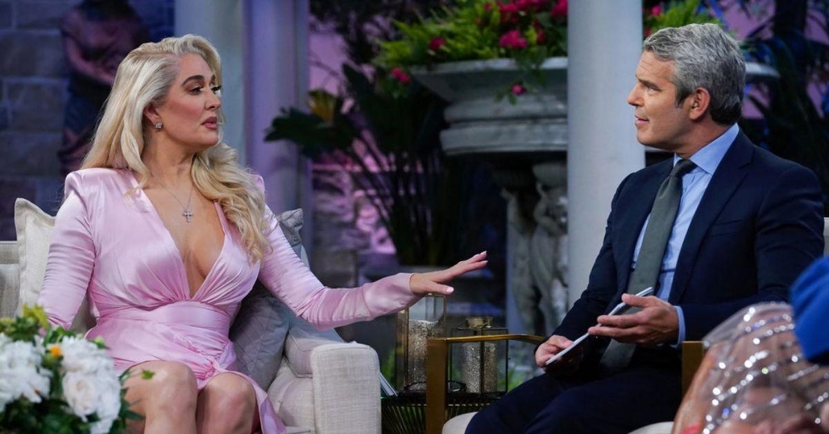 (l-r): Erika Jayne and Andy Cohen talking at the 'RHOBH' Season 11 reunion.