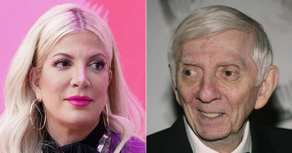 Tori Spelling and her father Aaron appear in side-by-side headshots. 