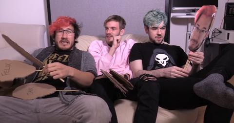 (l-r) Markiplier, PewDiePie, and Jacksepticeye in a video together