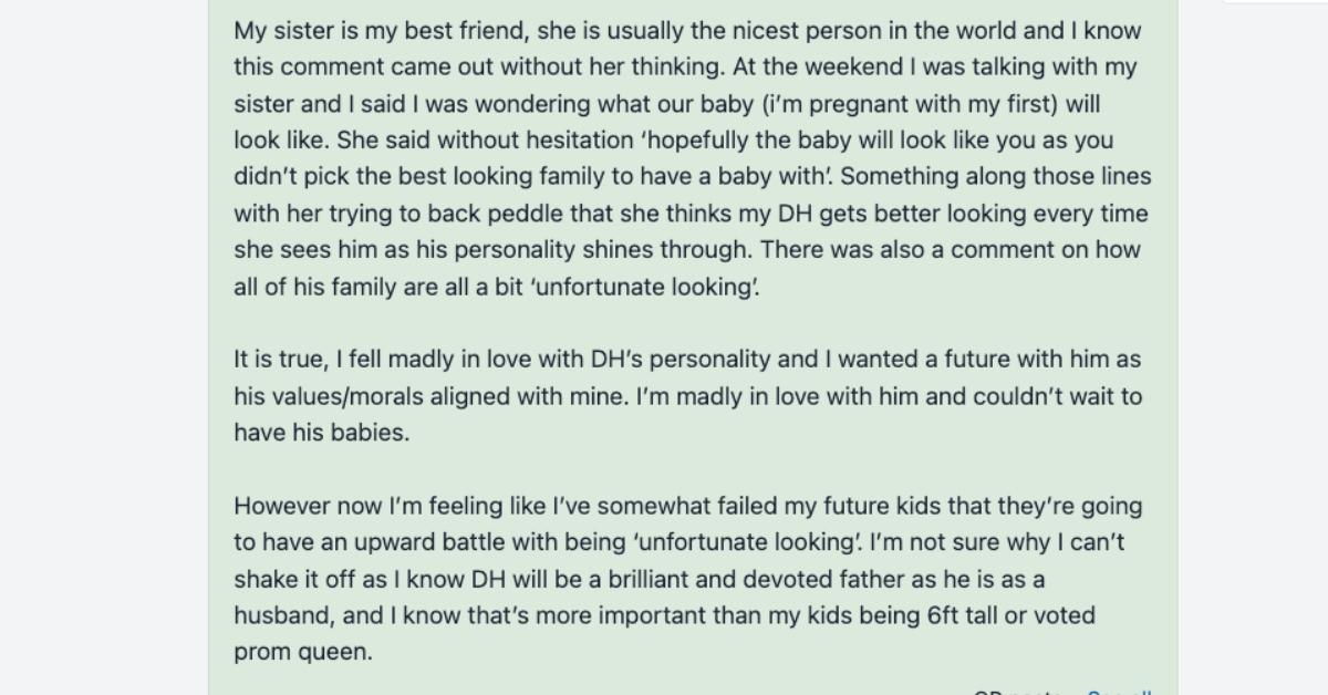 mumsnet post where mom-to-be asks if she's being unreasonable for thinking she failed her kids by breeding with someone unfortunate looking