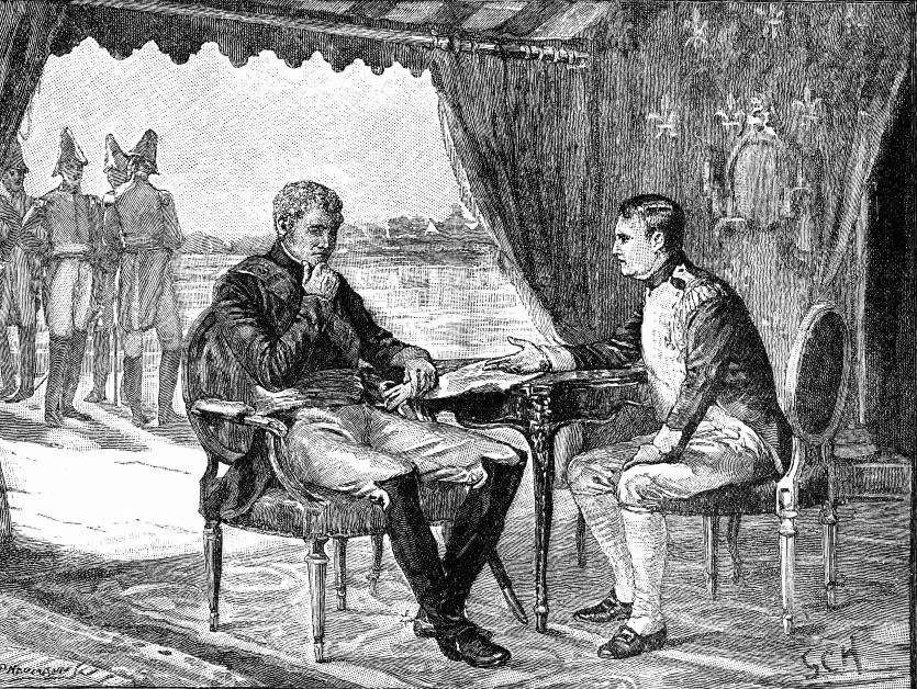 Alexander I and Napoleon sitting at a table talking