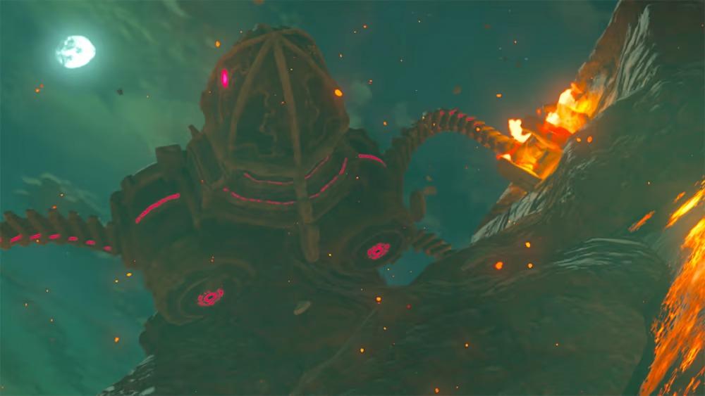 A Divine Beast in Breath of the Wild walking through Lava.