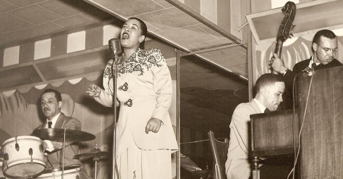 Billie Holiday performing at the Club Bali, Washington, with Al Dunn (drums), and Bobby Tucker (piano) in 1948