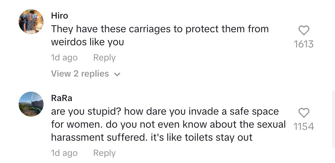 Commenters criticizing the man for entering a women-only train car
