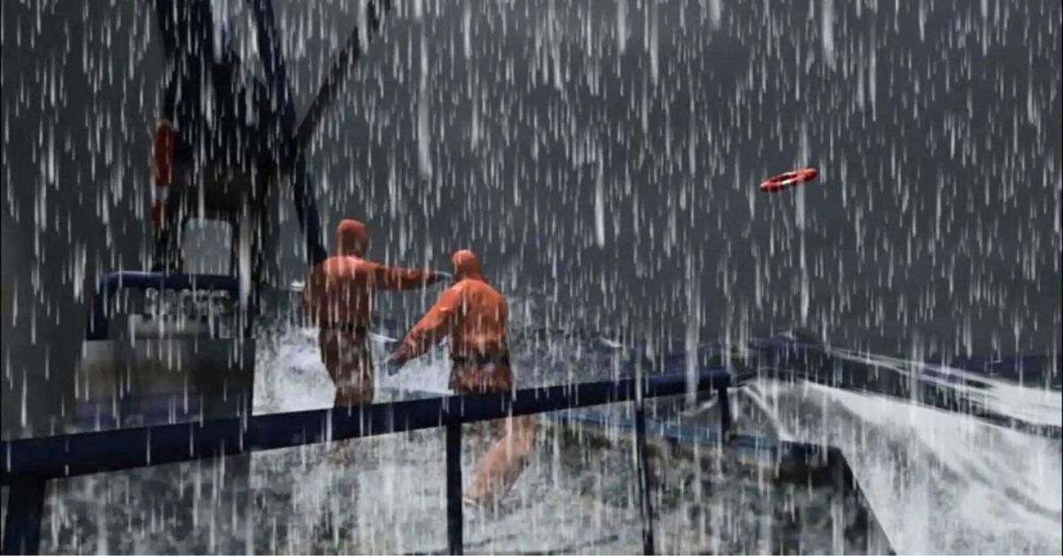 Screengrab of fishermen in the rain from 'Deadliest Catch: Alaskan Storm'