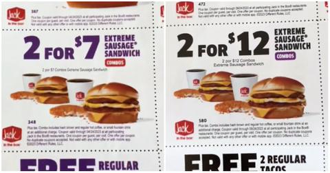 Jack in the Box coupons compared now and three months ago to show inflation.