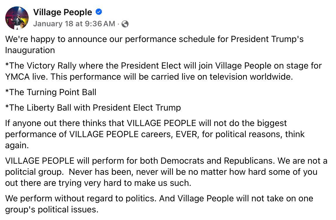 The Village People respond on Facebook to the backlash they received for performing at Trump rallies.