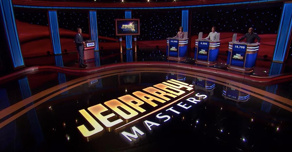 'Jeopardy! Masters' set with host Ken Jennings, James Holzhauer, Yogesh Raut, and Victoria Groce