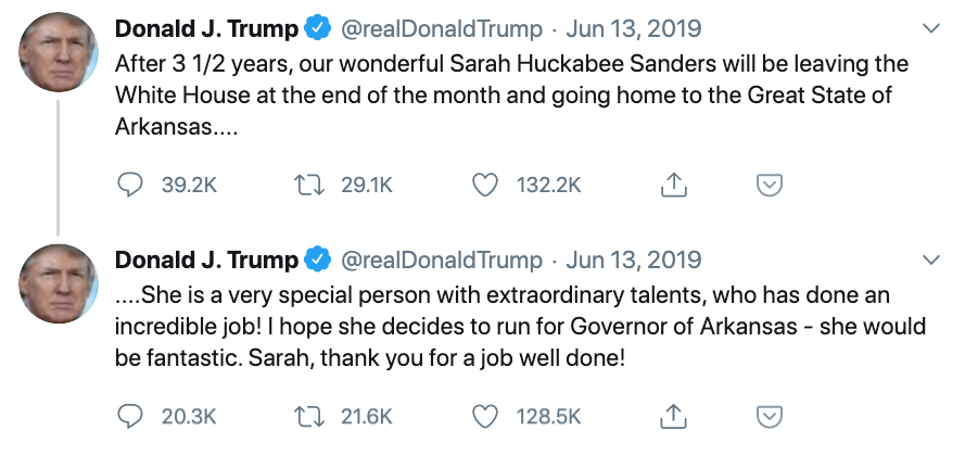 Trump's tweet about Sarah Huckabee Sander's resignation from White House role.