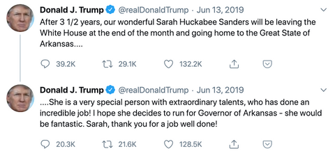 Trump's tweet about Sarah Huckabee Sander's resignation from White House role.