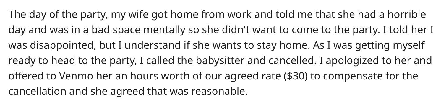 Redditor u/watchthekidsaita canceled the babysitter when his wife decided to skip his office holiday party.