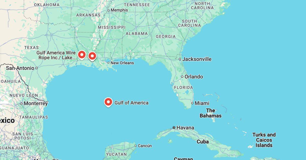 A screenshot of Google Maps saying Gulf of America. 