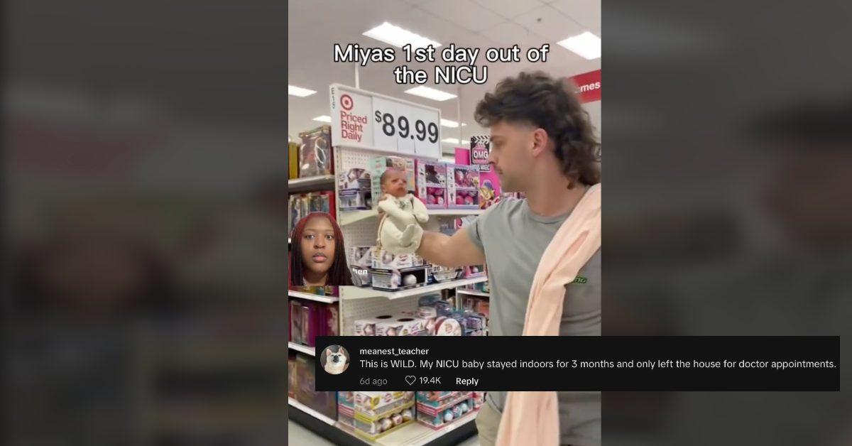 A man holding his daughter in Target on her first day out of the NICU