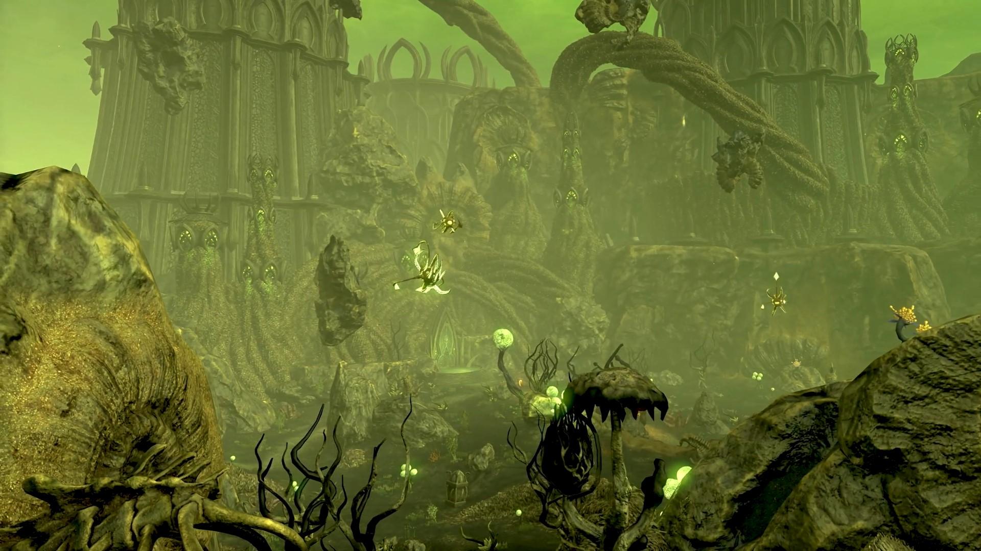 'The Elder Scrolls Online: Necrom' One of the nasty realms of Apocrypha with floating creatures and black pools.