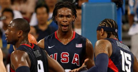 Chris Bosh plays in the 2008 Olympics alongside Dwyane Wade and Carmelo Anthony