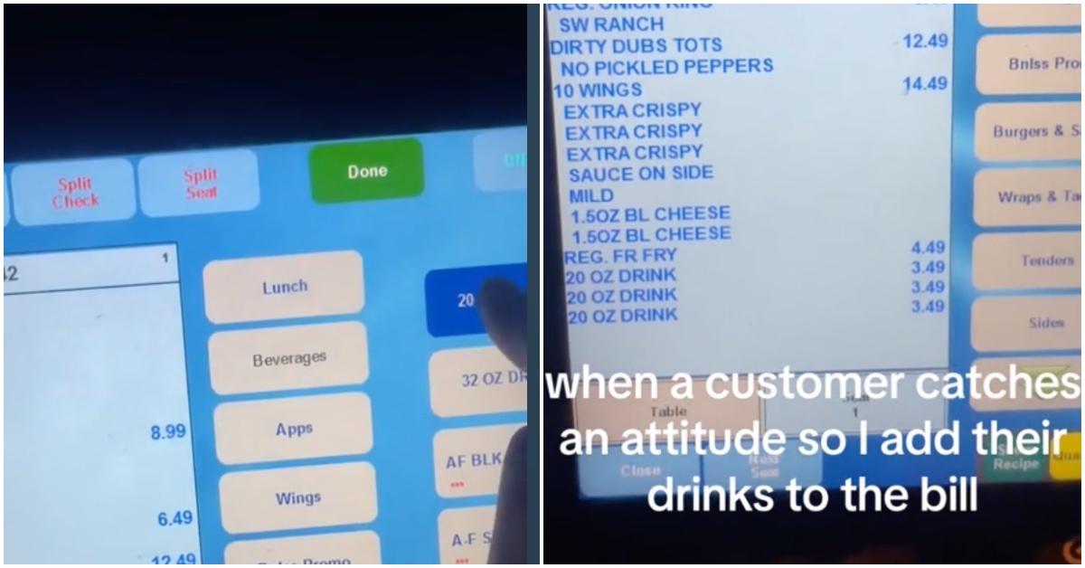 Server shows how she adds drinks to rude customer's bill.