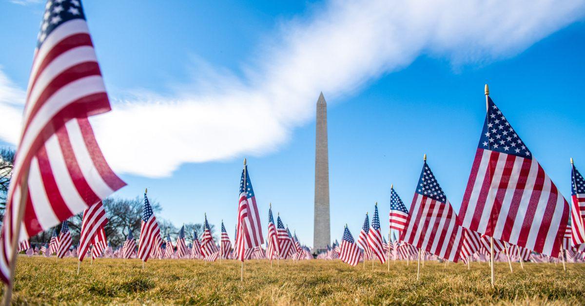 The Washington Monument with small flags in the foreground. 