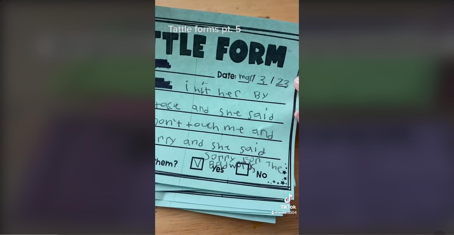 A blue tattle form that a student filled out