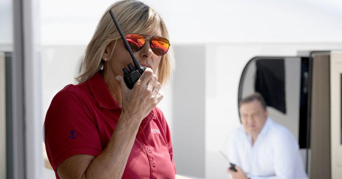 Captain Sandy Yawn speaks into a walkie talkie on 'Below Deck Med'