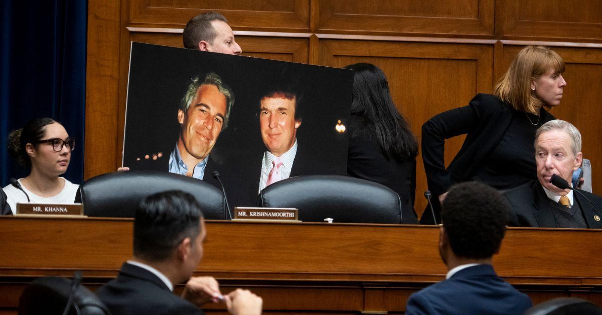 A House Oversight Committee where a picture of Jeffrey Epstein and Donald Trump is on display. 