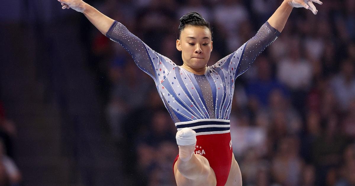 Gymnast Leanne Wong wears one sock during the 2024 Olympic trials