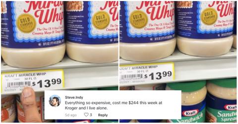 Woman shows that Miracle whip costs $13.99 in Key Foods.