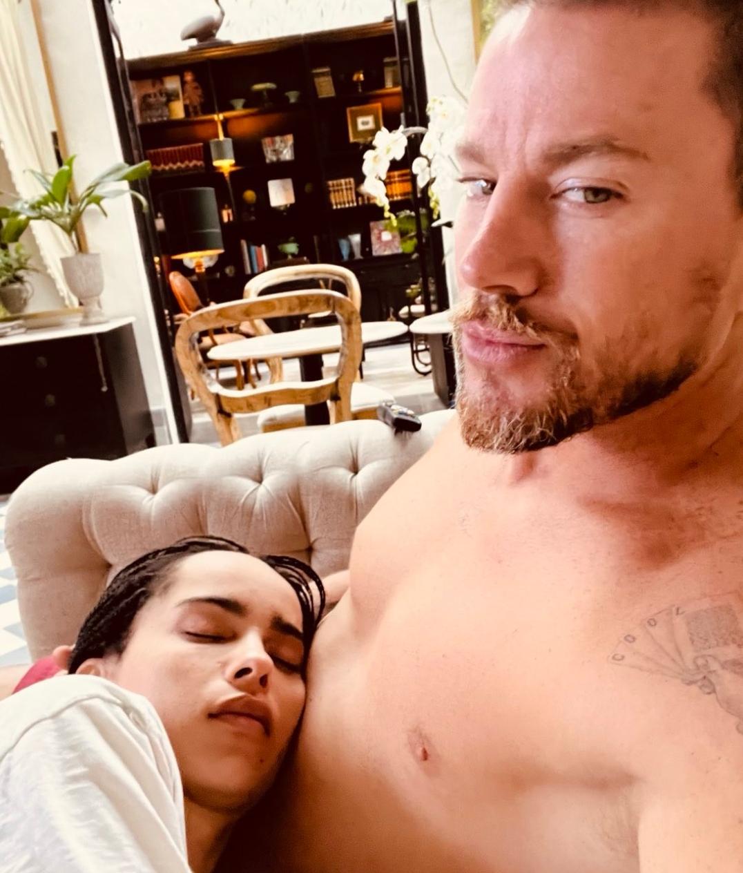 Zoë Kravitz sleeping on Channing Tatum's lap.