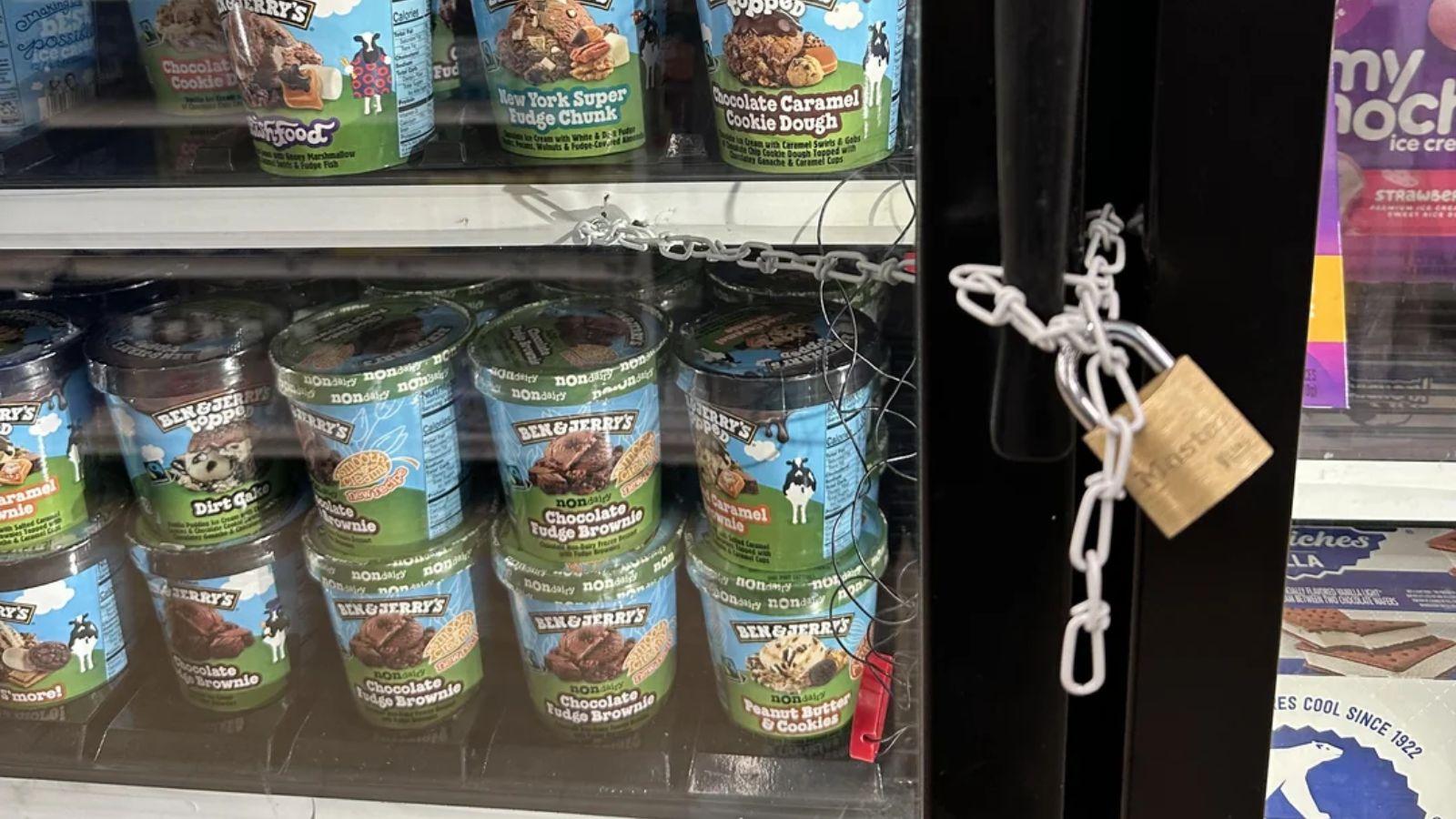 Ben & Jerry's locked up in a store freezer. 